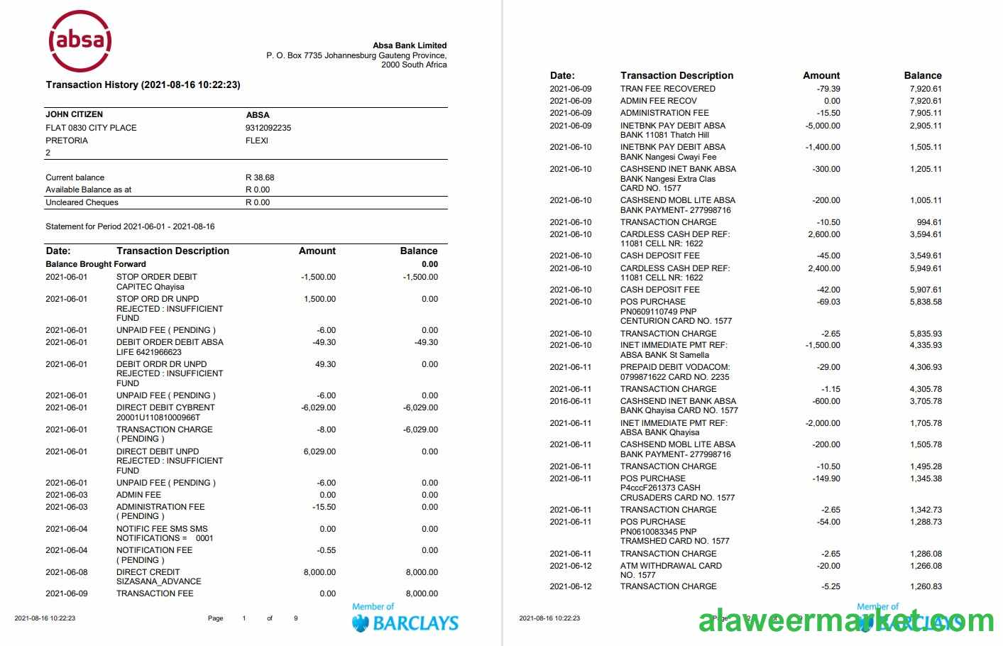 South Africa ABSA bank statement easy to fill template in Word and PDF format (9 pages)